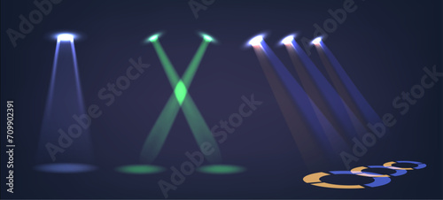 Spotlight Beams Realistic 3d Vector Set. Focused, Intense Sources Of Light Used For Targeted Illumination