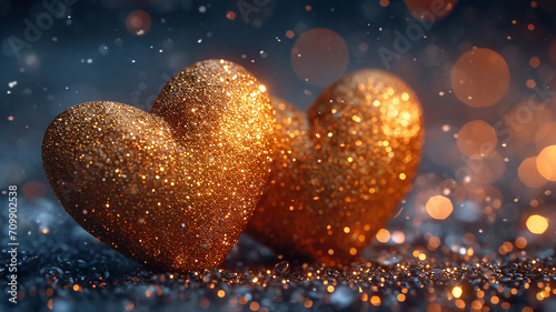 Valentines day heart made of golden glitter bokeh dark background shiny bright gold photography
