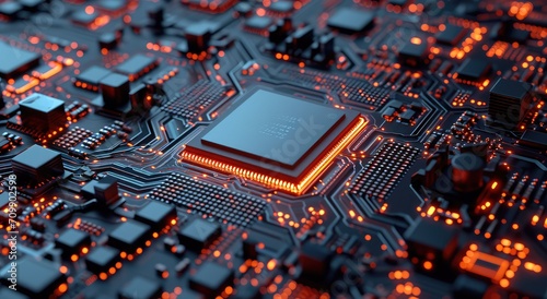Electrifying close-up of an illuminated orange-copper CPU microchip on a circuit board, revealing intricate hardware details, ideal for tech concepts and innovations in electronic engineering photo