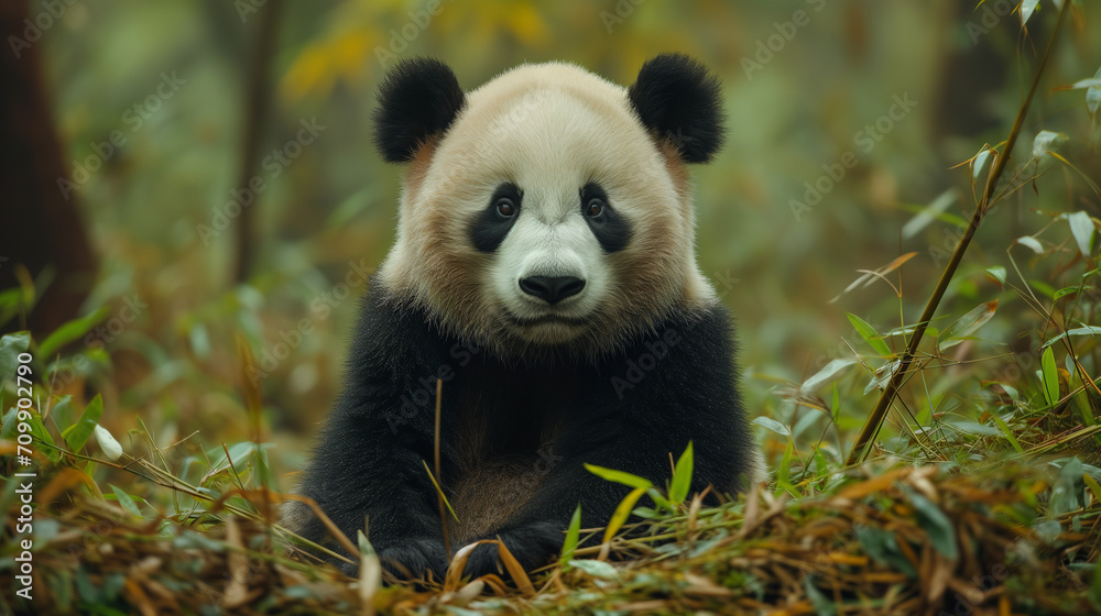 Fototapeta premium Cute panda eating bamboo, Giant Panda bear (Ailuropoda melanoleuca), Panda eating shoots of bamboo. Rare and endangered black and white bear.