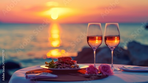 Summer love. Romantic sunset dinner on the beach. Table honeymoon set for two with luxurious food, glasses of rose wine drinks in a restaurant with sea view. Happy valentines day. photo