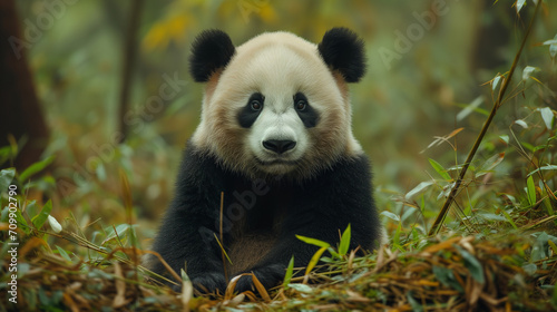 Cute panda eating bamboo  Giant Panda bear   Ailuropoda melanoleuca   Panda eating shoots of bamboo. Rare and endangered black and white bear.