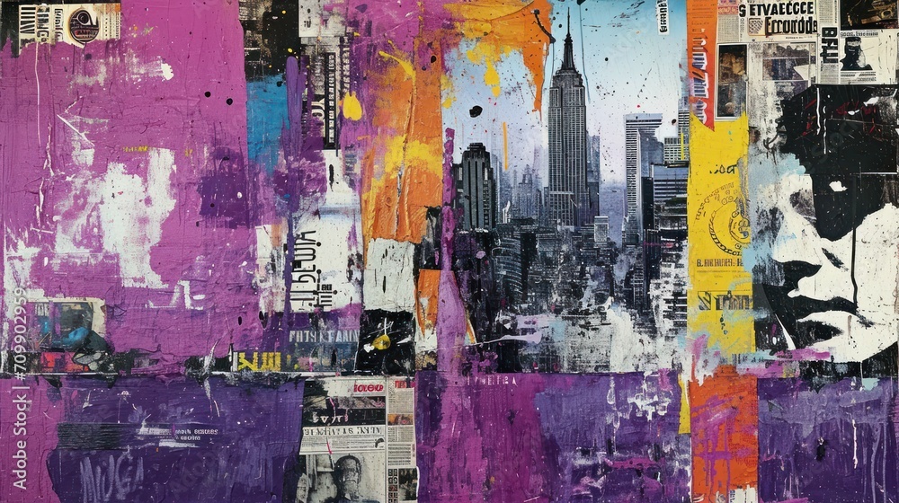 Fototapeta premium Generative AI, vintage grunge purple collage poster with asian cityscape. Different textures and shapes