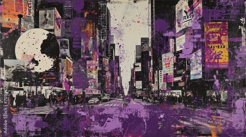 Fototapeta premium Generative AI, vintage grunge purple collage poster with asian cityscape. Different textures and shapes