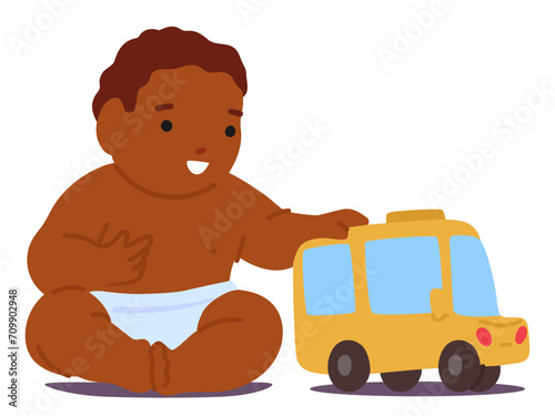 Black Baby Playing With Toy, Tiny Hands Explore A Vibrant Car. Delight Sparkles In Curious Eyes, Pushing And Rolling