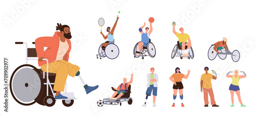 People cartoon character in wheelchair having artificial prosthetics limbs with special needs photo