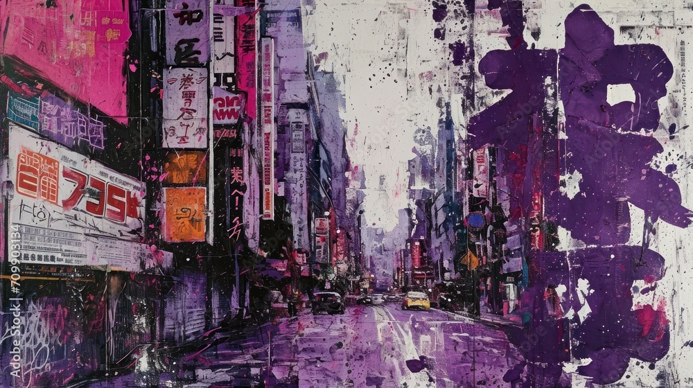 Fototapeta premium Generative AI, vintage grunge purple collage poster with asian cityscape. Different textures and shapes