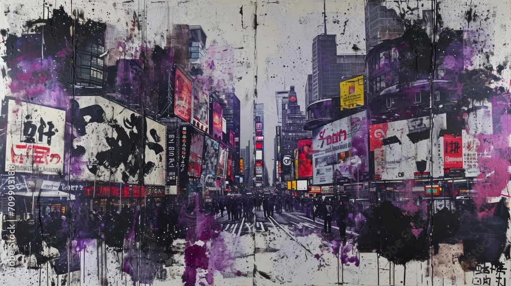 Fototapeta premium Generative AI, vintage grunge purple collage poster with asian cityscape. Different textures and shapes
