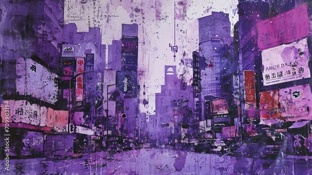 Fototapeta premium Generative AI, vintage grunge purple collage poster with asian cityscape. Different textures and shapes
