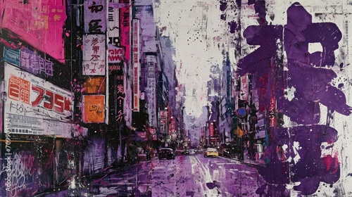 Generative AI, vintage grunge purple collage poster with asian cityscape. Different textures and shapes © DELstudio