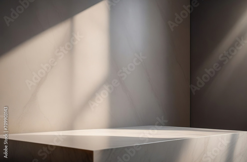 Empty blank marble tabletop on a gray wall with beautiful floral tropical shadow. Minimalistic backdrop for product presentation, podium, pedestal. Showcase, display case. Minimal abstract background.