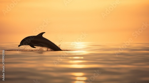 Silhouette of dolphin on sunset sky.