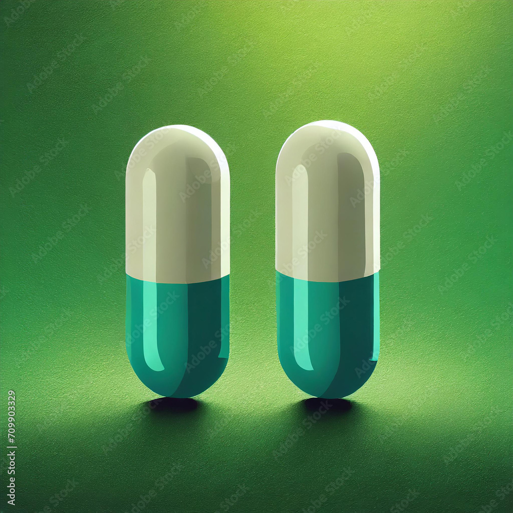 Two pills standing on green background. 3D illustration