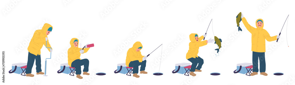 Winter fishing set with happy fisherman wearing warm clothes enjoying catching fish in cold water