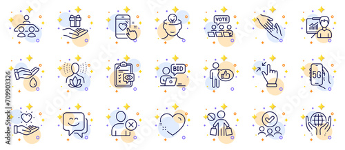 Outline set of Stop shopping, Presentation and Hold heart line icons for web app. Include Approved group, Organic tested, Smile face pictogram icons. 5g internet, Like, Interview job signs. Vector