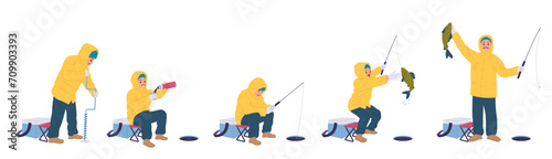 Winter fishing set with happy fisherman wearing warm clothes enjoying catching fish in cold water