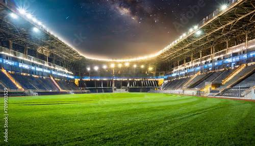 universal grass stadium illuminated by spotlights and empty green grass playground, grand sport building
