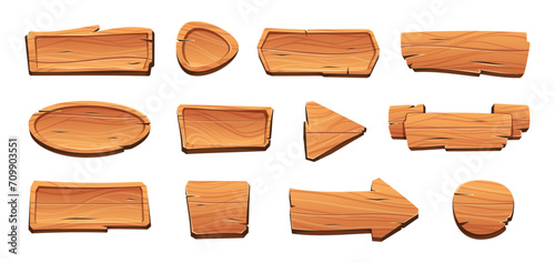 Cartoon game wooden ui elements. Horizontal banner and round panel with arrow and buttons, 2d sprite asset for mobile app UI. Vector isolated set of game cartoon wooden illustration photo