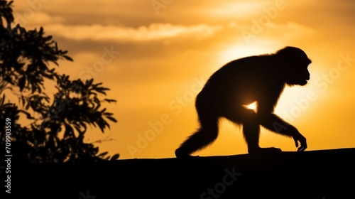 Silhouette of monkey on sunset sky. © vlntn