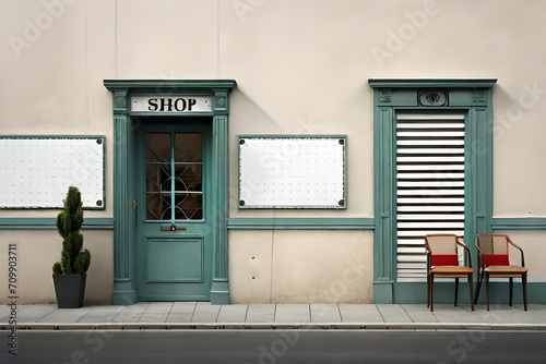 retro european boutique facade , blue painted door , vintage storefront