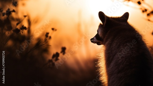 Silhouette of raccoon on sunset sky. © vlntn