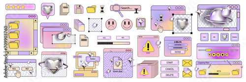 Retro computer window sticker set, 90s web old interface vector background frame, PC screen icon. Y2k nostalgic dialogue box, user desktop panel pop up vaporwave style. Acid retro computer aesthetic