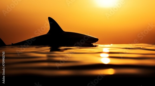 Silhouette of shark on sunset sky. © vlntn