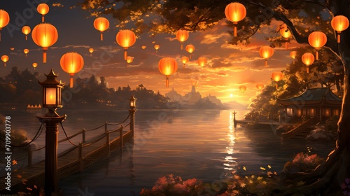 Sunset Serenity under Glowing Lanterns