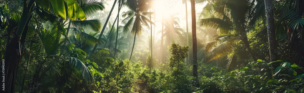 Sun rays shining through the jungle - obrazy, fototapety, plakaty 