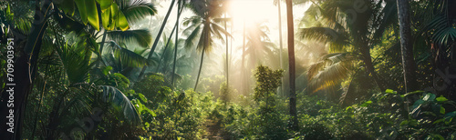 Sun rays shining through the jungle photo