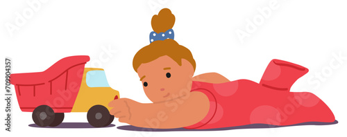 Baby Girl Character Playing With Toy. Giggles Echo As Tiny Hands Push A Colorful Car Across The Floor, Vector