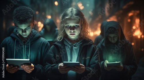 Technology danger and warning. Hypnotized school kids looking at their mobile or tablet device. Where is our world going? Abstract dark futuristic view of children in the near future