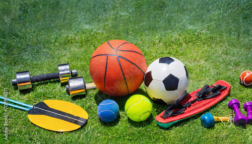 Various Sport Equipments On Grass