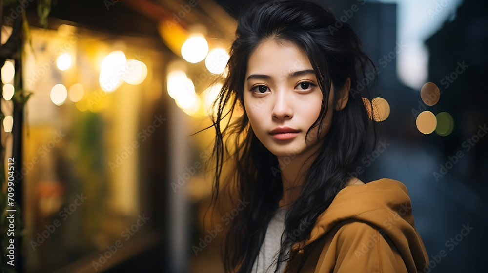 Portrait of a beautiful young asian woman in urban background.