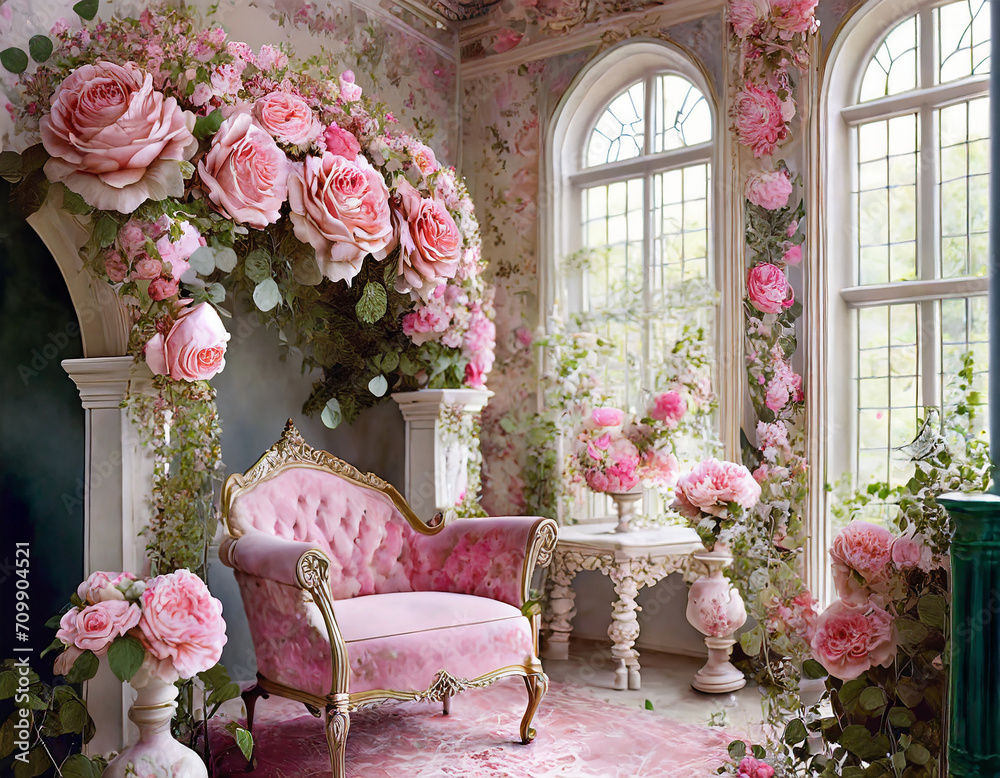 Victorian rose garden room. Intricate rose prints, vintage pinks