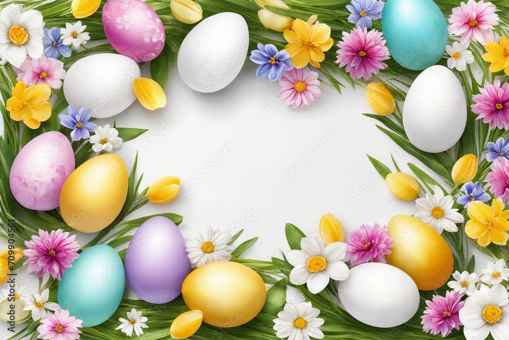 Spring Easter holiday. Background with eggs and spring flowers. Greeting card background with copy space. Generative Ai Spring Easter holiday. Background with eggs and spring flowers. Greeting card background with copy space. Generative Ai