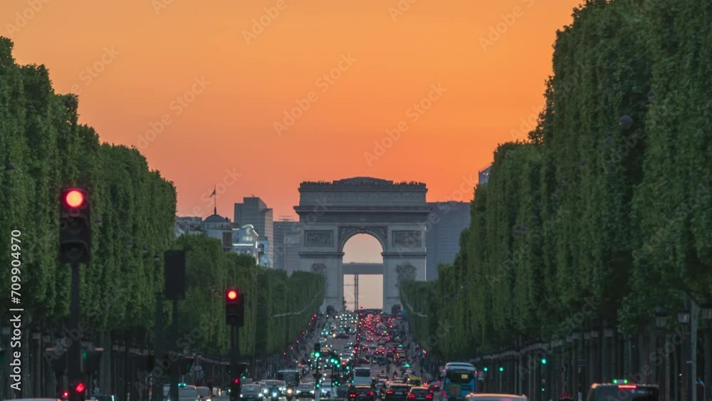 Paris France time lapse 4K, city skyline day to night sunset timelapse at Arc de Triomphe and Champs Elysees street