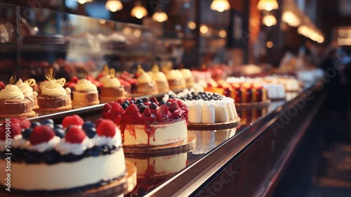 Obraz  z motywem Radiant bokeh background with gourmet desserts and specialty coffee drinks in an elegant patisserie