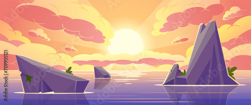 Sunset In Ocean Landscape Background. Sun Dips Below The Horizon, Casting A Warm, Golden Glow Across The Tranquil Sea