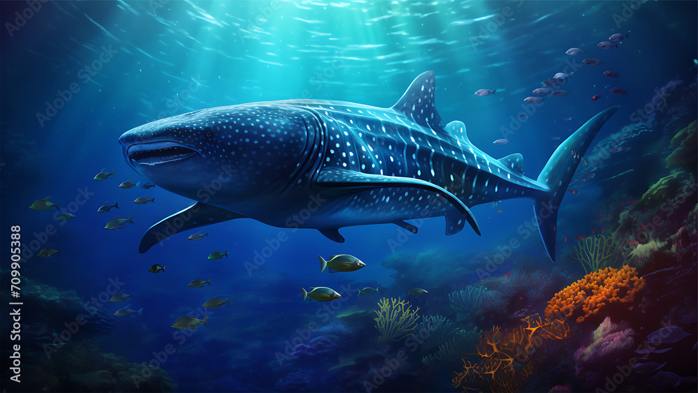 Whale shark swimming underwater. Underwater scene. Vector illustration. Whale shark swimming underwater. Underwater scene. Vector illustration.