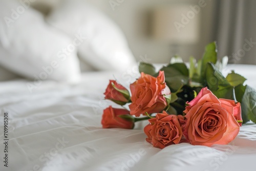 close up of a rose bouquet on a bed - pink roses