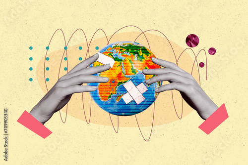 Fotografija Horizontal collage creative poster two hands hold take care of planet support pl
