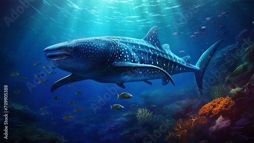 Whale shark swimming underwater. Underwater scene. Vector illustration.