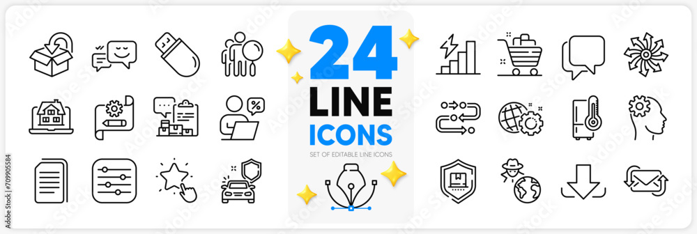 Icons set of Methodology, Versatile and Fraud line icons pack for app with Car secure, Engineering, Usb stick thin outline icon. Happy emotion, Refresh mail, Talk bubble pictogram. Vector