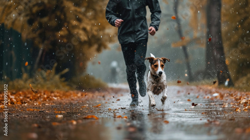 AI-generated illustration of a jogger with a dog running in the park during rain photo