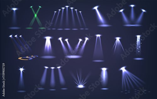 Realistic Spotlights Vector Set, Focused Sources Of Light Used To Highlight Areas Or Objects, Creating Emphasis