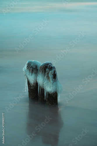 Wooden pillars in frozen water