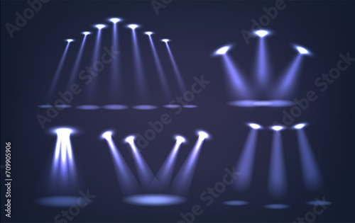 Realistic 3d Spotlights Set. Focused Light Beams Illuminate Areas Or Objects, Enhancing Visibility, Vector Collection
