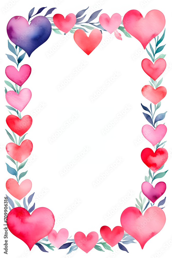 Watercolor painting, Valentine's Day card with frame hearts. Digital illustration created with Generative AI