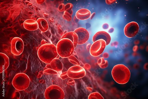 Abstract background of artery inside red blood hemoglobin molecule. Major blood cells erythrocytes.